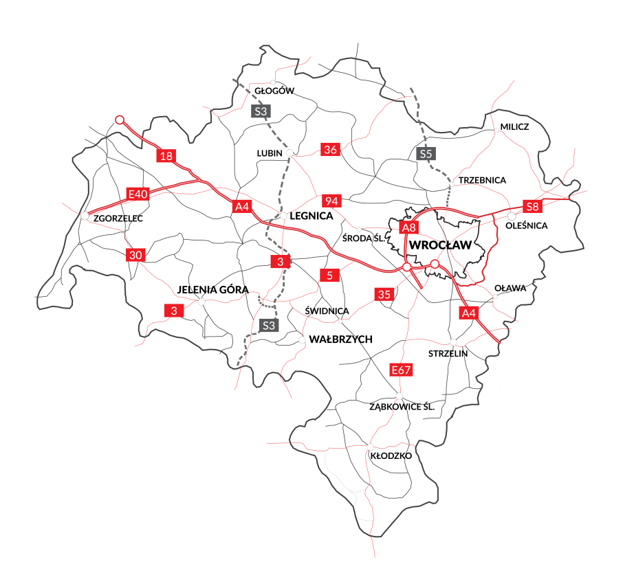 Map of Lower Silesia and its main transport routes